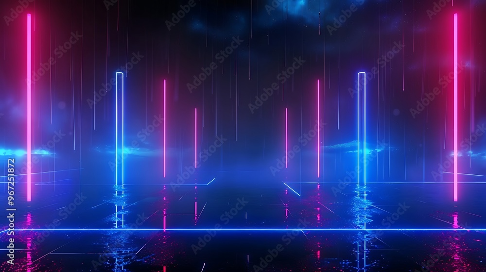 A vibrant, futuristic scene featuring glowing neon lights and mist, perfect for tech and nightlife concepts. Stage for product presentation. A vibrant, futuristic scene featuring glowing neon lights and mist, perfect for tech and nightlife concepts. Stage for product presentation.