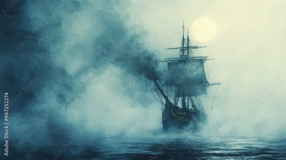 Spectral pirate ship emerging from fog, cursed sea, eerie atmosphere, Watercolor style Spectral pirate ship emerging from fog, cursed sea, eerie atmosphere, Watercolor style