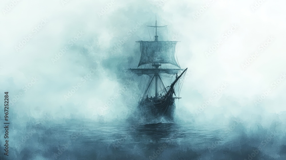 Spectral pirate ship emerging from fog, cursed sea, eerie atmosphere, Watercolor style Spectral pirate ship emerging from fog, cursed sea, eerie atmosphere, Watercolor style