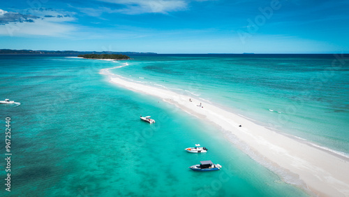 Aerial view of scenic Nosy Iranja Island in Madagascar showcasing turquoise waters and sandy shores frequented by boats and visitors photo