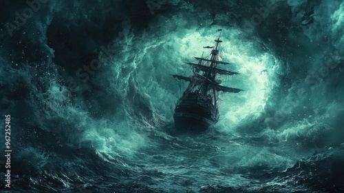 Spectral pirate ship, trapped in a cursed whirlpool, eerie waters, Watercolor style photo