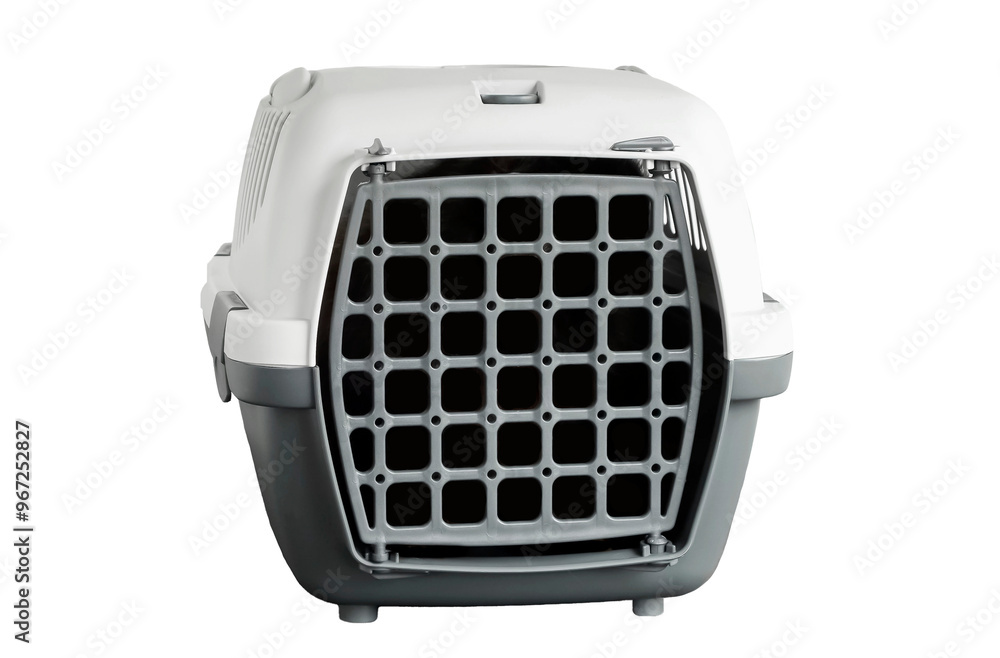 Empty gray plastic pet carrier isolated on white chroma key background close-up. Closed door. Front view. Concept of safe transportation of domestic animals. Empty gray plastic pet carrier isolated on white chroma key background close-up. Closed door. Front view. Concept of safe transportation of domestic animals.