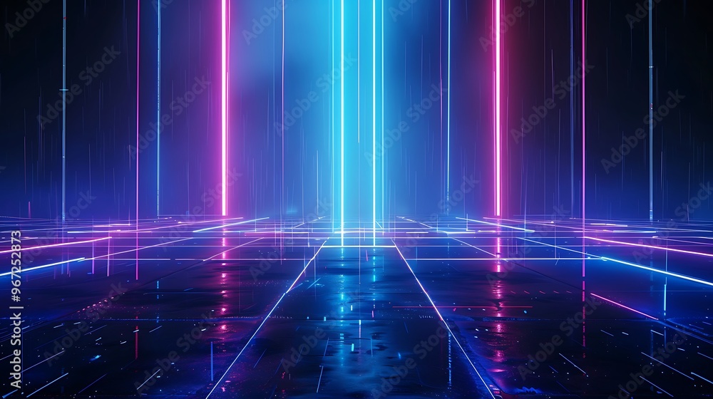 A vibrant neon landscape featuring glowing lines and reflections, perfect for futuristic and abstract themes. Stage for product presentation. A vibrant neon landscape featuring glowing lines and reflections, perfect for futuristic and abstract themes. Stage for product presentation.