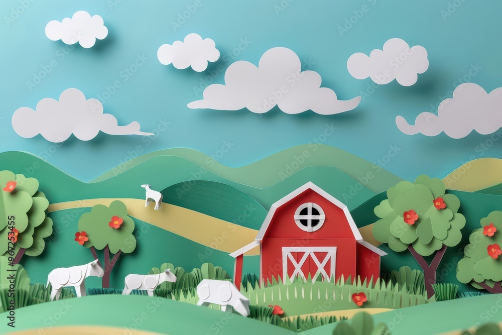 Naklejka premium A whimsical paper cut-out scene featuring a vibrant farm, rolling hills, animals, and a charming red barn under a blue sky.