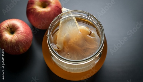 A gelatinous ‘mother of vinegar’ floating on the surface of a jar of fermenting apple cider vinegar, representing the probiotic-rich natural fermentation process.