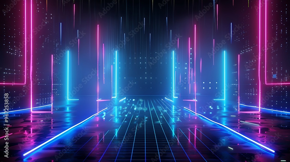 A vibrant neon-lit corridor with glowing lines and reflective surfaces, ideal for futuristic or digital-themed projects. Stage for product presentation. A vibrant neon-lit corridor with glowing lines and reflective surfaces, ideal for futuristic or digital-themed projects. Stage for product presentation.
