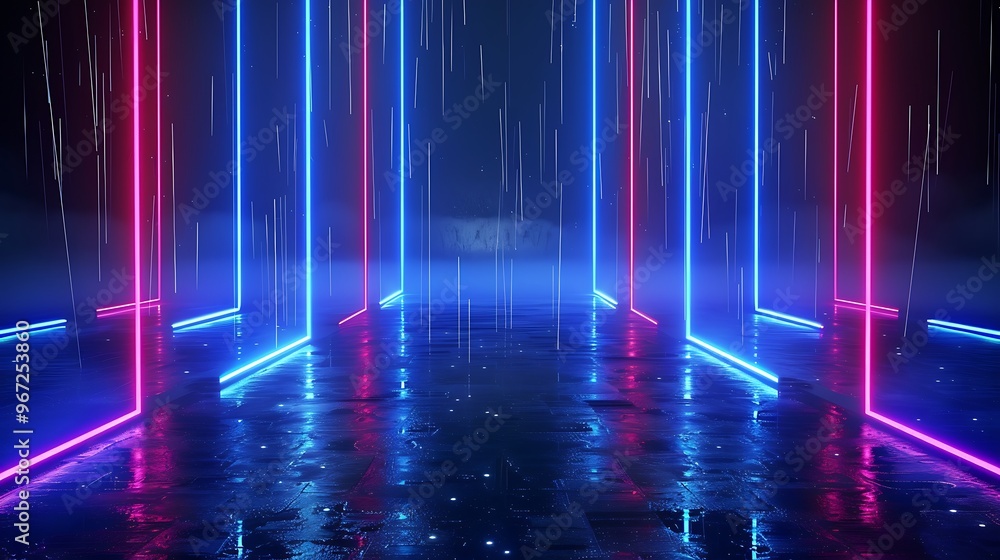 A vibrant neon-lit corridor with rain, creating a futuristic atmosphere for imaginative concepts and designs. Stage for product presentation.