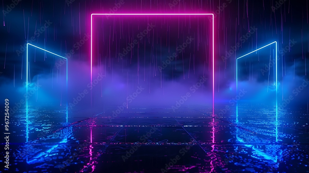 A vibrant neon-lit scene with glowing frames and mist, creating a futuristic ambiance ideal for digital art and design. Stage for product presentation. A vibrant neon-lit scene with glowing frames and mist, creating a futuristic ambiance ideal for digital art and design. Stage for product presentation.