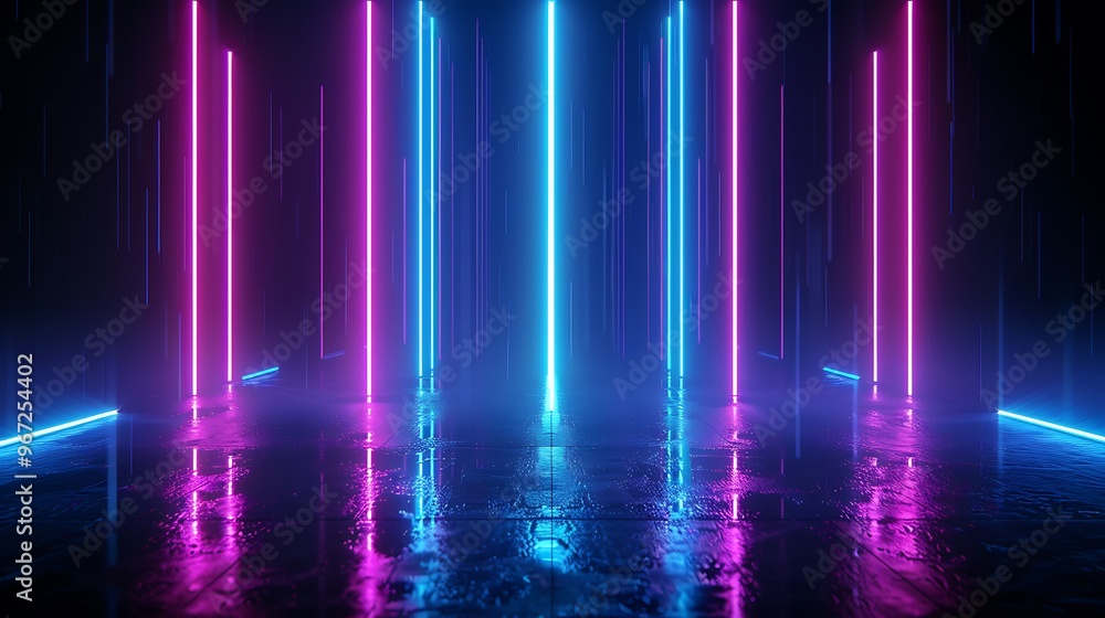 A vibrant scene with glowing neon lights in pink and blue, creating an atmospheric and futuristic space. Stage for product presentation. A vibrant scene with glowing neon lights in pink and blue, creating an atmospheric and futuristic space. Stage for product presentation.
