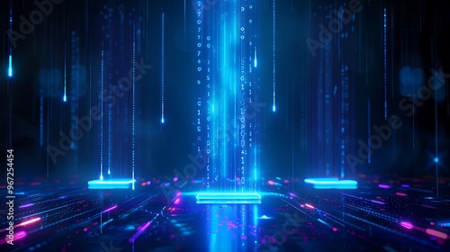 A vibrant, futuristic scene with glowing blue and pink lights, depicting a digital landscape filled with data streams and energy. Stage for product presentation.