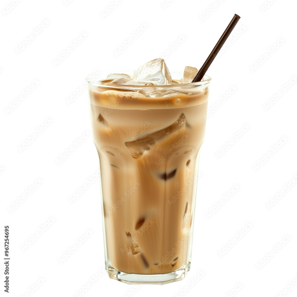 Refreshing iced coffee beverage with ice cubes served in a glass with straw isolated on white transparent background, perfect for summer. Refreshing iced coffee beverage with ice cubes served in a glass with straw isolated on white transparent background, perfect for summer.