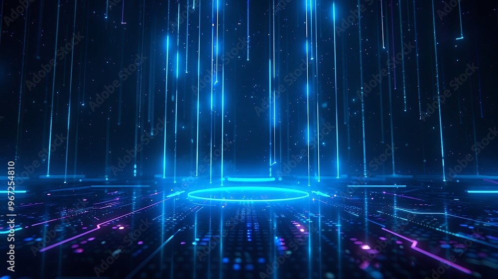 A vivid digital landscape featuring glowing lines and patterns, creating an immersive atmosphere of technology and innovation. Stage for product presentation. A vivid digital landscape featuring glowing lines and patterns, creating an immersive atmosphere of technology and innovation. Stage for product presentation.