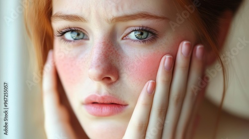 A close-up of a woman's face exhibiting symptoms of rosacea, highlighting the redness and visible blood vessels associated with this skin condition