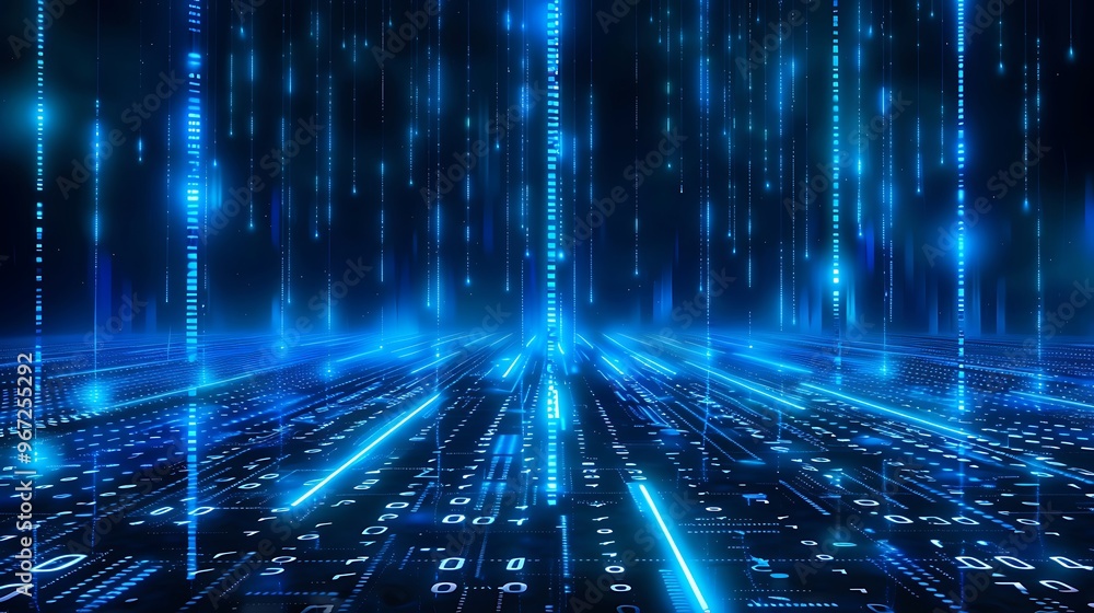 Abstract digital landscape with glowing blue lines and binary data, symbolizing technology and innovation in a futuristic environment. Stage for product presentation. Abstract digital landscape with glowing blue lines and binary data, symbolizing technology and innovation in a futuristic environment. Stage for product presentation.