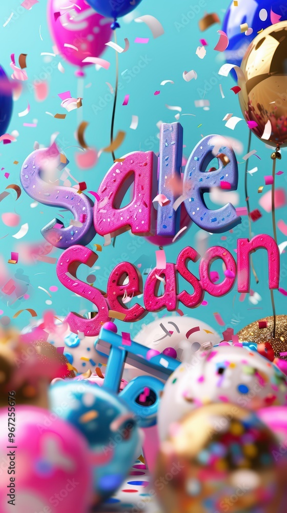 Fototapeta premium Colorful celebration with balloons, confetti, and sale season decorations, perfect for festive promotions and marketing materials.