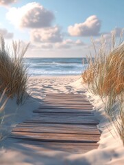 Crédence de cuisine Descente vers la plage Wooden platform through sand dunes leading to the morning ocean shore. A wooden walkway leads to the beach with views of the ocean in the background. seascape  © Anastasiia K.