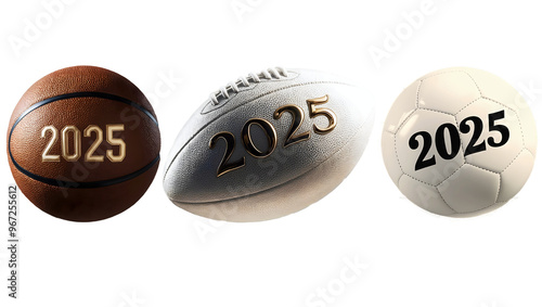 Obraz na płótnie Happy new year 2025 set of sport balls, soccer, rugby, basketball, festive sport gear isolated on transparent background w salonie