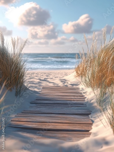 Fototapeta Naklejka Na Ścianę i Meble -  Wooden platform through sand dunes leading to the morning ocean shore. A wooden walkway leads to the beach with views of the ocean in the background. seascape