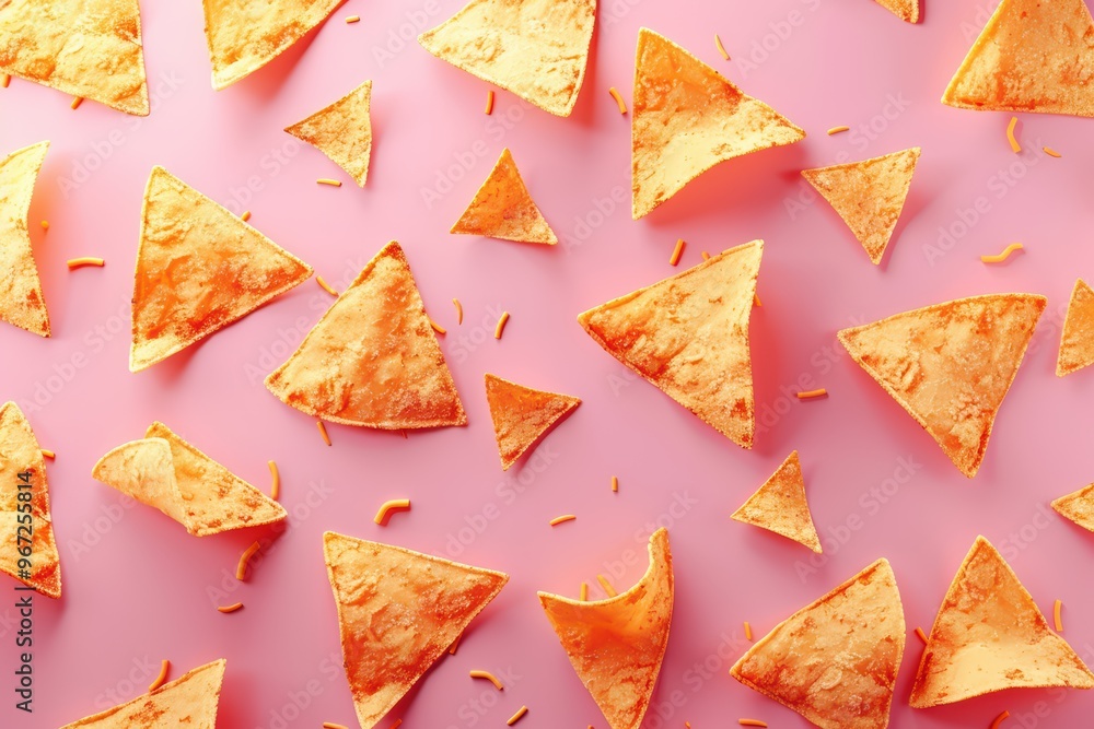 Colorful nacho chips scattered on a pink background, perfect for snack and food-related concepts. Colorful nacho chips scattered on a pink background, perfect for snack and food-related concepts.