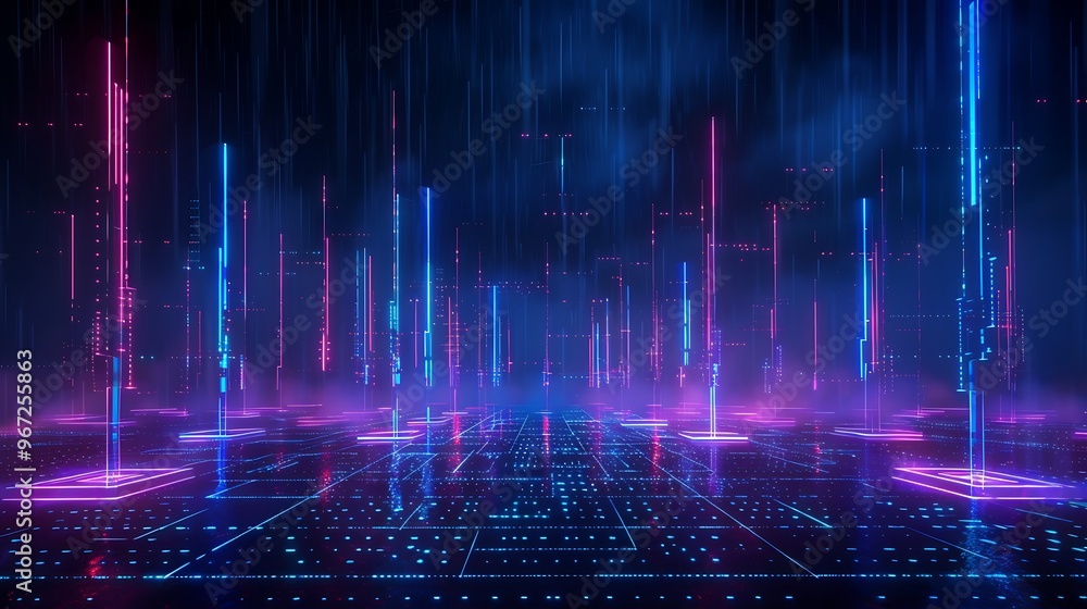 An abstract digital landscape featuring vibrant neon lights and a futuristic grid, perfect for technology and sci-fi themes. Stage for product presentation. An abstract digital landscape featuring vibrant neon lights and a futuristic grid, perfect for technology and sci-fi themes. Stage for product presentation.