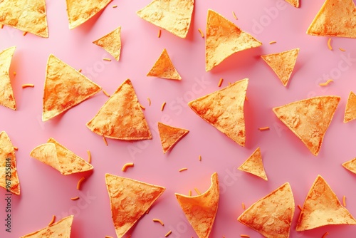 Colorful nacho chips scattered on a pink background, perfect for snack and food-related concepts.