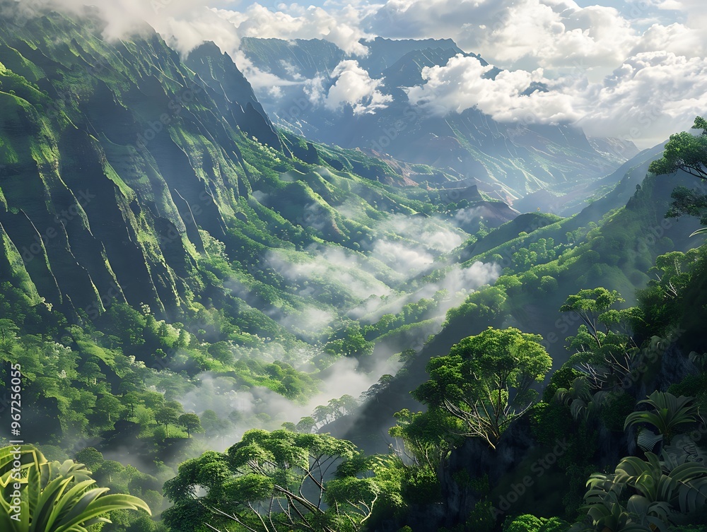 A lush mountain valley enshrouded in fog, with clouds drifting through the trees and along the ridges, creating a dreamy, otherworldly landscape. A lush mountain valley enshrouded in fog, with clouds drifting through the trees and along the ridges, creating a dreamy, otherworldly landscape.