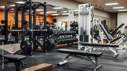 A photo of a gym with a variety of equipment. There's a weightlifting rack with barbells and dumbbells. There's a leg press machine, a bench, and a pull-up bar. The floor is covered with rubber mats. 