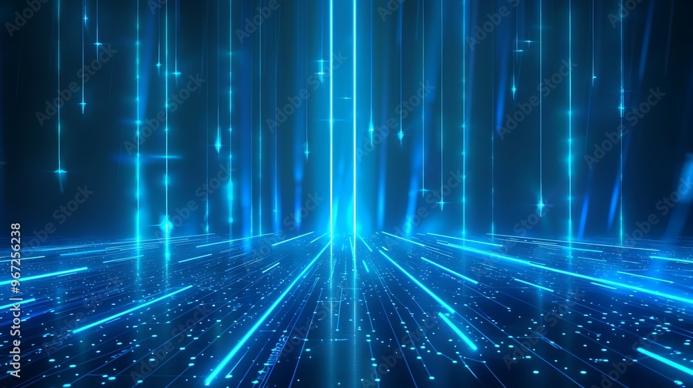 Dynamic blue light beams create a digital environment, conveying speed, technology, and futuristic themes in a mesmerizing perspective. Stage for product presentation. Dynamic blue light beams create a digital environment, conveying speed, technology, and futuristic themes in a mesmerizing perspective. Stage for product presentation.