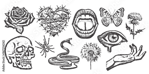 Vector trendy retro elements with photocopy effect. Modern stipple dots texture for design art. y2k collage set for poster, banner, cover.