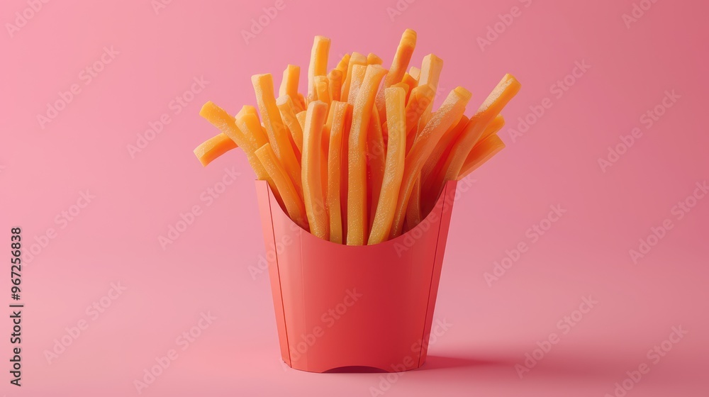 Delicious golden French fries in a vibrant red container against a pink background, perfect for food photography. Delicious golden French fries in a vibrant red container against a pink background, perfect for food photography.