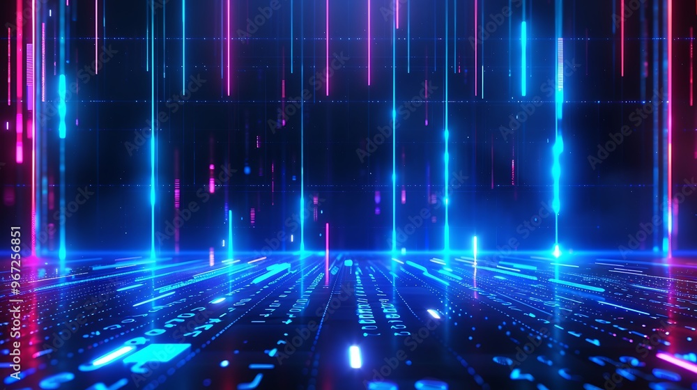 Futuristic abstract background with vibrant neon lines and glowing digital patterns, ideal for technology and sci-fi projects. Stage for product presentation. Futuristic abstract background with vibrant neon lines and glowing digital patterns, ideal for technology and sci-fi projects. Stage for product presentation.