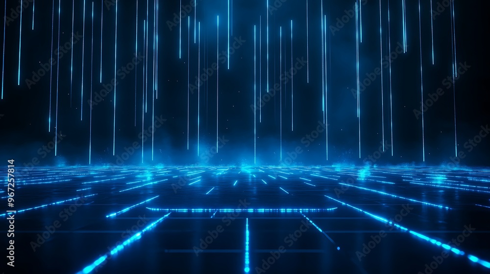 Futuristic blue light beams cascading down onto a digital grid, creating an immersive sci-fi environment. Stage for product presentation. Futuristic blue light beams cascading down onto a digital grid, creating an immersive sci-fi environment. Stage for product presentation.