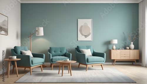 Photo modern style interior room 3d illustration Interior,Kitchen,Washrooms frame living room with colorful white sofa,led with blank frame