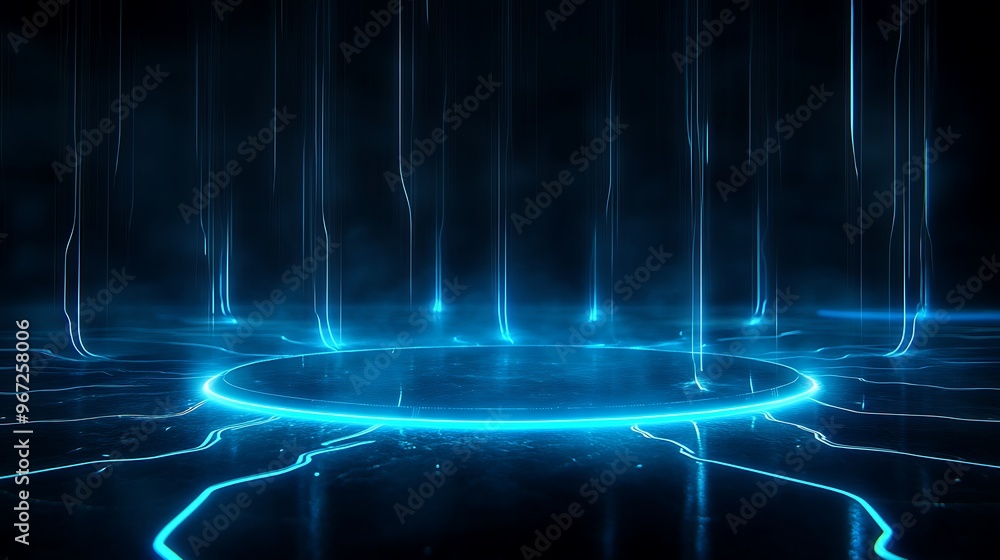 Naklejka premium Futuristic blue light beams shining against a dark background, creating an abstract digital atmosphere. Stage for product presentation.