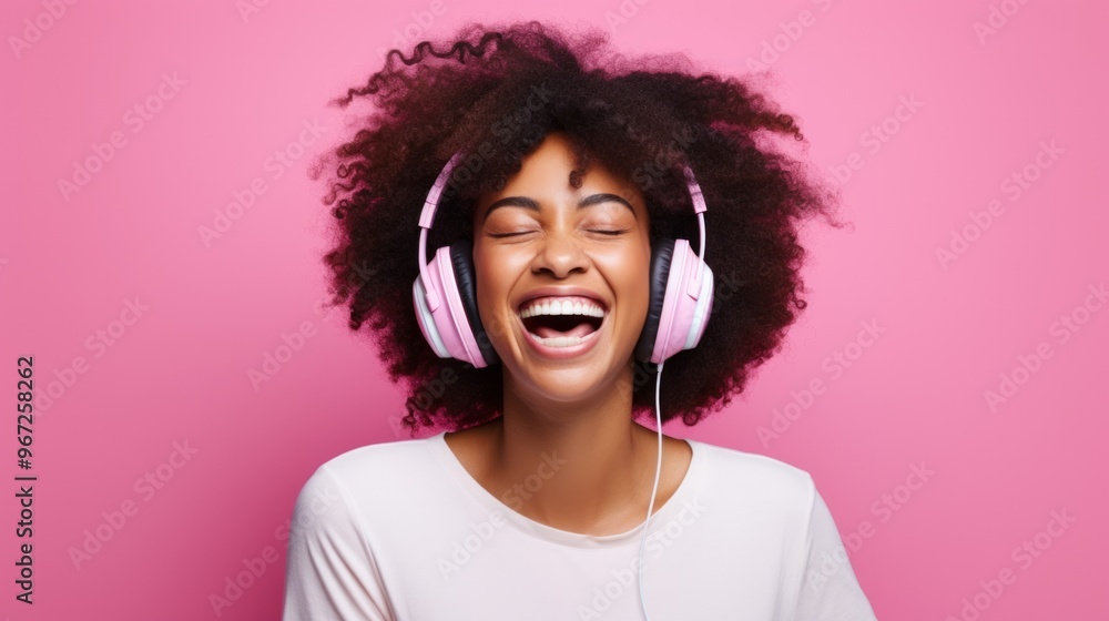 Vibrant young black woman with curly hair enjoying music in wireless headphones. Neural network ai generated art Vibrant young black woman with curly hair enjoying music in wireless headphones. Neural network ai generated art