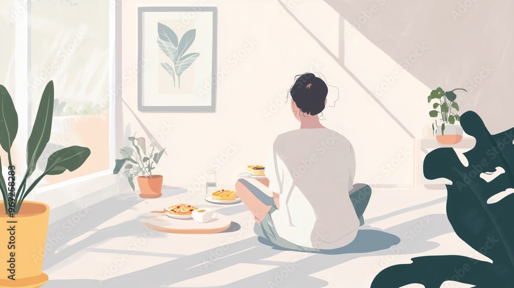 A person enjoys breakfast in a sunlit room adorned with plants and minimalist decor, embracing a peaceful morning atmosphere A person enjoys breakfast in a sunlit room adorned with plants and minimalist decor, embracing a peaceful morning atmosphere