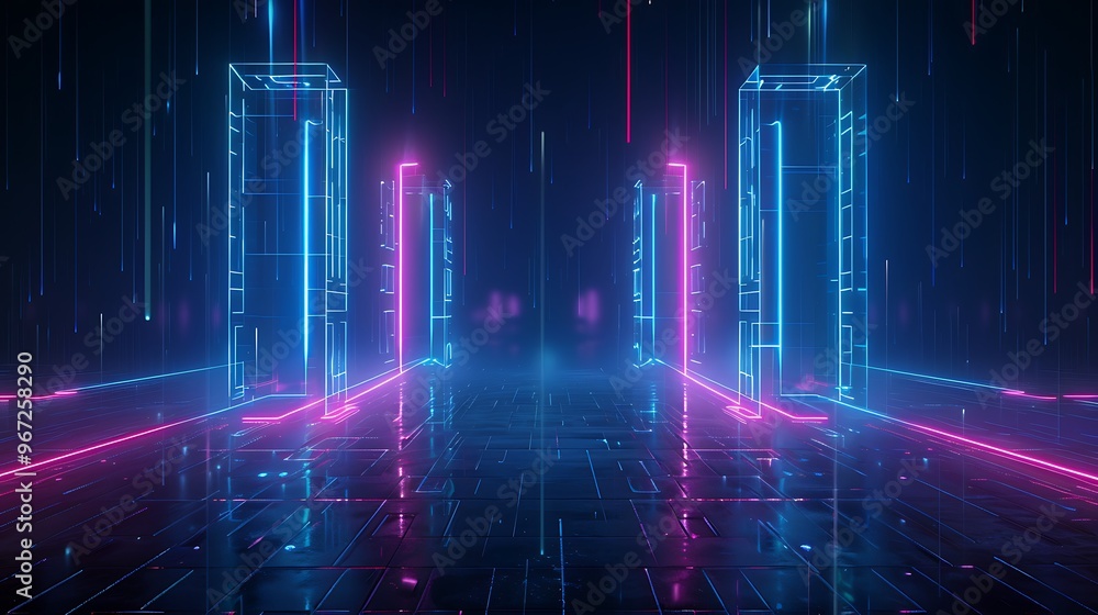 Futuristic cyber world with neon lights and glowing pathways creating a surreal digital landscape. Stage for product presentation. Futuristic cyber world with neon lights and glowing pathways creating a surreal digital landscape. Stage for product presentation.