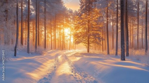 Beautiful Christmas tree in snowy forest with lights