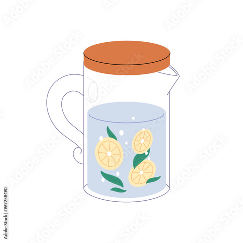 Glass jug of cool water with lemon. Modern pitcher with refreshing drink. Jar is full of fresh beverage. Carafe with lemonade. Kitchen utensil. Flat isolated vector illustration on white background