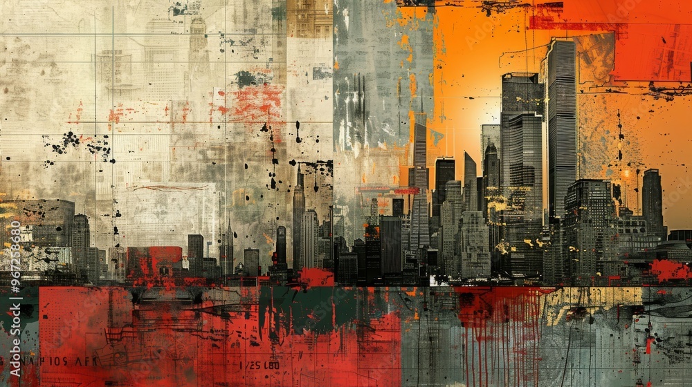 Obraz premium Abstract Cityscape Collage with Red Orange and Gray Colors