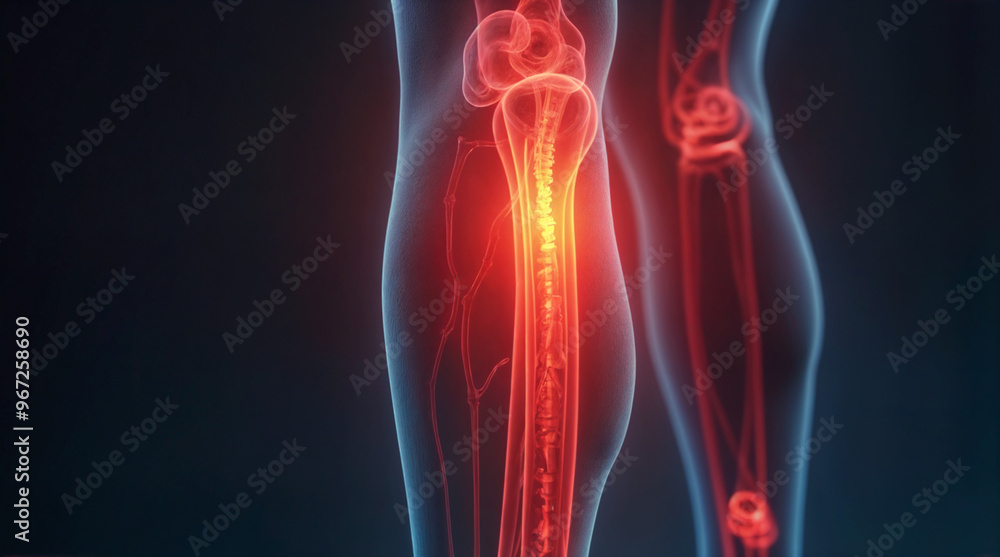 3D medical illustration of deep vein thrombosis in leg, showing inflamed blood vessels and potential clot formation in calf muscle 3D medical illustration of deep vein thrombosis in leg, showing inflamed blood vessels and potential clot formation in calf muscle