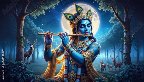 Divine Krishna Playing Flute in Moonlit Forest with Enchanted Deer