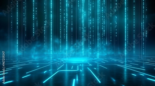 Futuristic digital background with glowing blue lines and binary code, perfect for technology and sci-fi themes. Stage for product presentation.