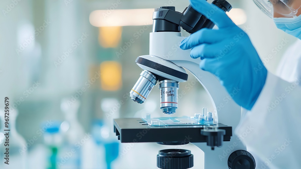A researcher examines a sample under a microscope in a laboratory setting, showcasing scientific exploration and precision work. A researcher examines a sample under a microscope in a laboratory setting, showcasing scientific exploration and precision work.