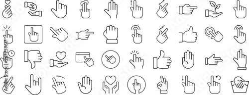 Collection of Line Icons of Gesture, Hand, Cursor. Editable Stroke. Minimalistic Linear Pictogram for Design of Cards, Apps, Banners, Posts