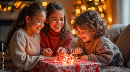 Joyful children opening Christmas gift, smiling siblings gathered around festive present with twinkling lights, cozy holiday atmosphere at home