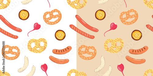 Seamless pattern with traditional German food, pretzel, sausages, radish, mustrard on simple background. Hand drawn trendy flat vector illustrations for bar menu, beer festival, cuisine concept. photo