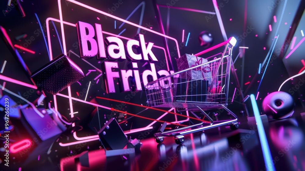 Vibrant Black Friday shopping scene with a digital cart, bright neon lights, and dynamic decorations for festive promotions. Vibrant Black Friday shopping scene with a digital cart, bright neon lights, and dynamic decorations for festive promotions.