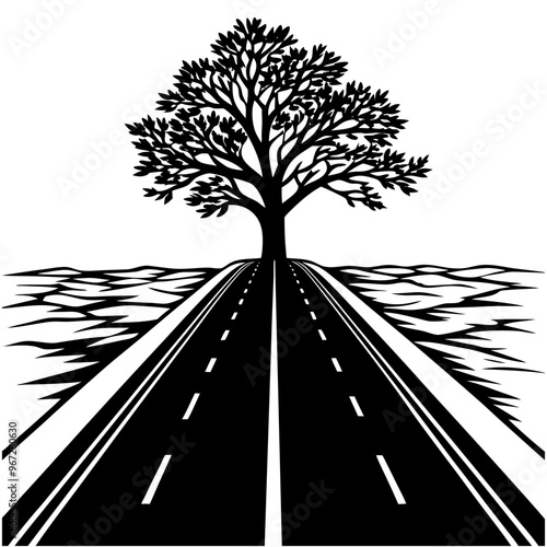 Blank highway beside tree black silhouette vector illustration design