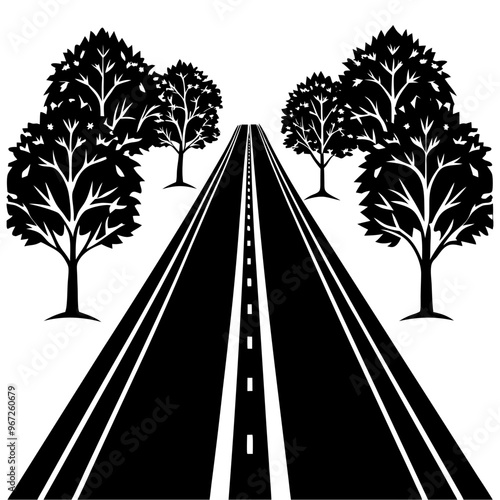 Blank highway beside tree black silhouette vector illustration design